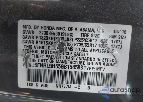 2016 Honda Odyssey Ex-L z USA, uszkodzony, nr VIN 5FNRL5H65GB154588